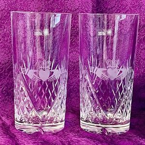 Pair of Galway Claddagh Irish Crystal Tall Friendship Tumblers Glass Glasses Set
